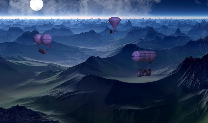 a group of hot air balloons flying over a mountain range, cg society contest winner, surrealism, violet planet, steampunk digital art, view above the clouds, moonscape