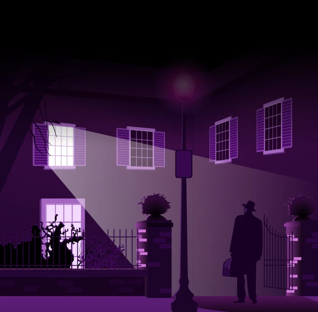 a couple of people standing in front of a house, cg society contest winner, conceptual art, purple lighted street, high contrast illustration, halloween scene, mystery and detective themed