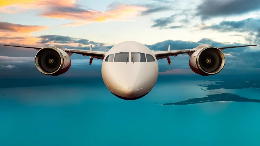 a large jetliner flying through a cloudy sky, a digital rendering, by Robert Jacobsen, shutterstock, ocean view, symmetrical nose, flying through sunset, middle close up shot