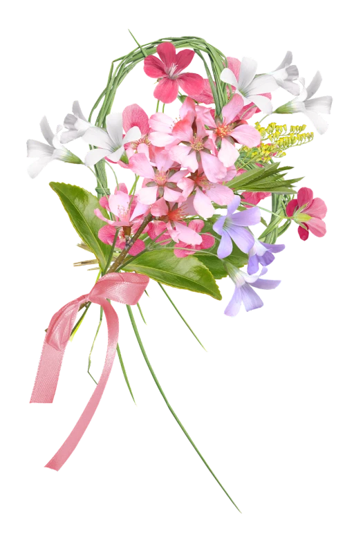 a bouquet of flowers with a pink ribbon, a digital rendering, inspired by François Boquet, flickr, renaissance, verbena, jasmine, various posed, in style of robert mapplethorpe