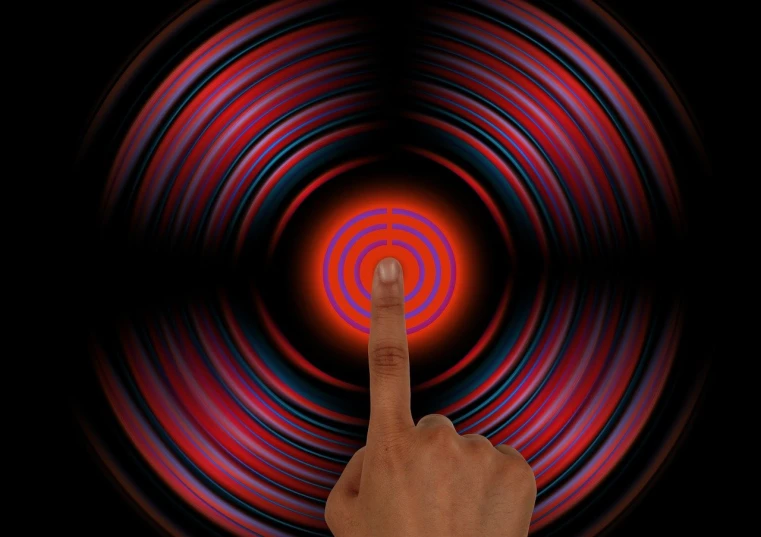 a close up of a person's finger with a blurry background, by Jan Rustem, digital art, doppler effect, sitting on a red button, energy vortex, with pointing finger