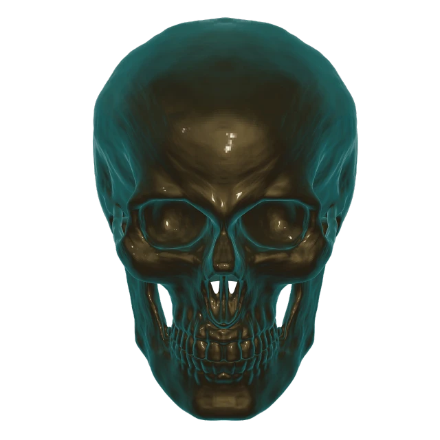 a close up of a skull on a black background, a raytraced image, digital art, clear [[bronze]] face [mask], blue realistic 3 d render, cyan, low quality 3d model