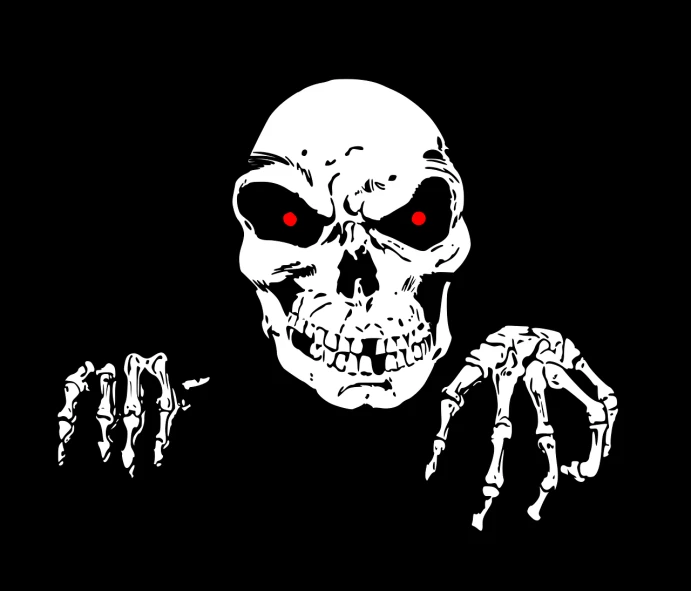 a black and white image of a skeleton with red eyes, vector art, by Andrei Kolkoutine, hand of fear, pirates flag, with a black background, without text