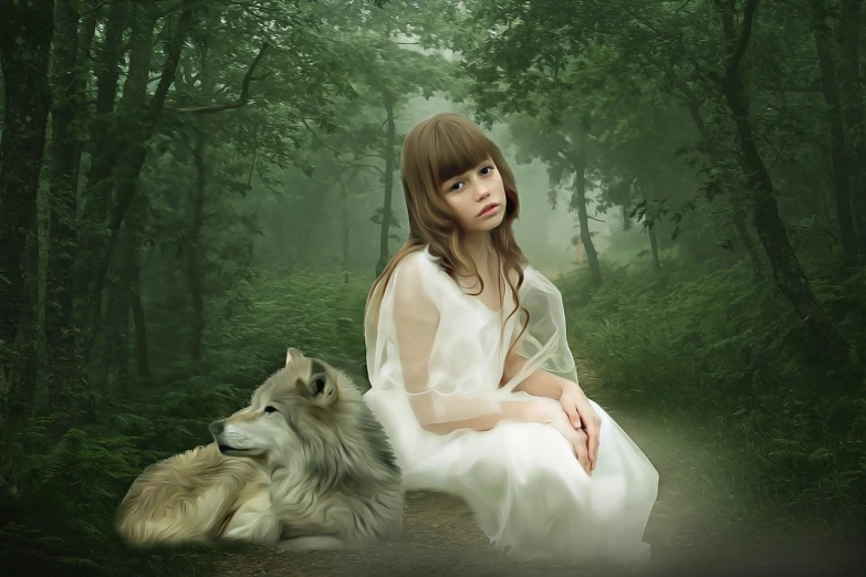 a woman in a white dress sitting next to a dog, a picture, inspired by Wolf Huber, pixabay contest winner, fantasy art, photo of the girl, lori earley, innocent look, brave young girl