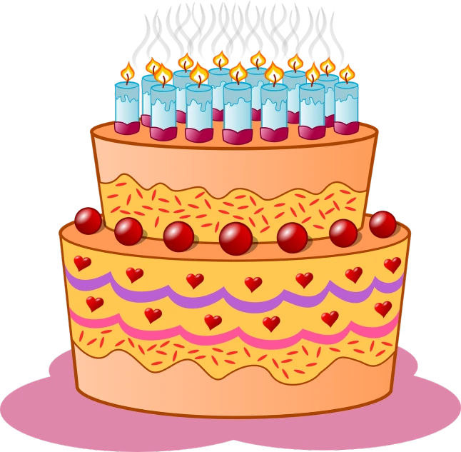 a birthday cake with candles on top of it, a digital rendering, figuration libre, detailed vectorart, lots of candles, cute:2, with a black background