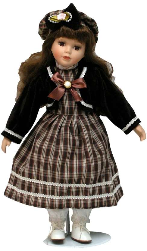 a close up of a doll on a white background, by Susan Heidi, tartan cloak, girl with dark brown hair, fullbody photo, satin