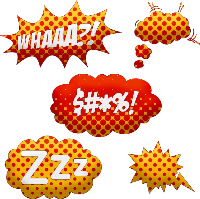 a set of comic speech bubbles on a black background, by Hugh Hughes, pop art, sleepy, large explosions, high res photo, cute:2