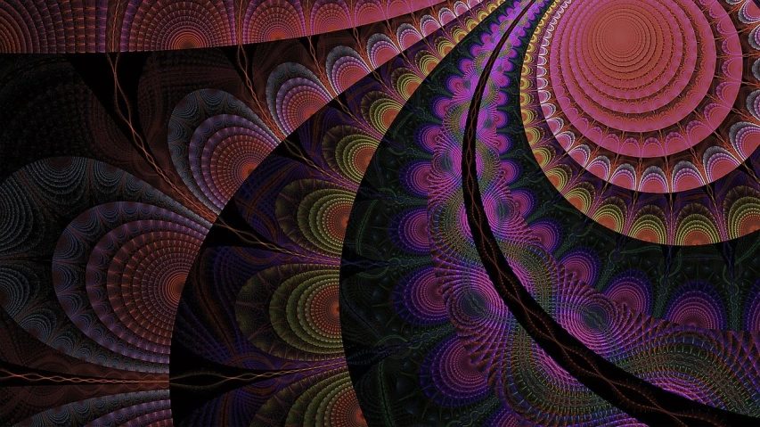 a computer generated image of a spiral design, digital art, inspired by Benoit B. Mandelbrot, generative art, some purple and orange, peacock feathers, in a fractal forest, geometric curves