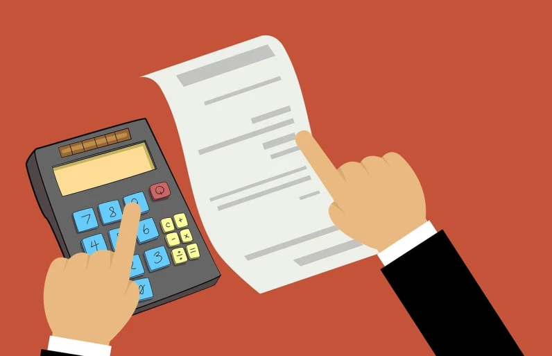 a person holding a calculator and pointing at a sheet of paper, pixabay, mingei, red and brown color scheme, reduced minimal illustration, cash register, worksafe. illustration