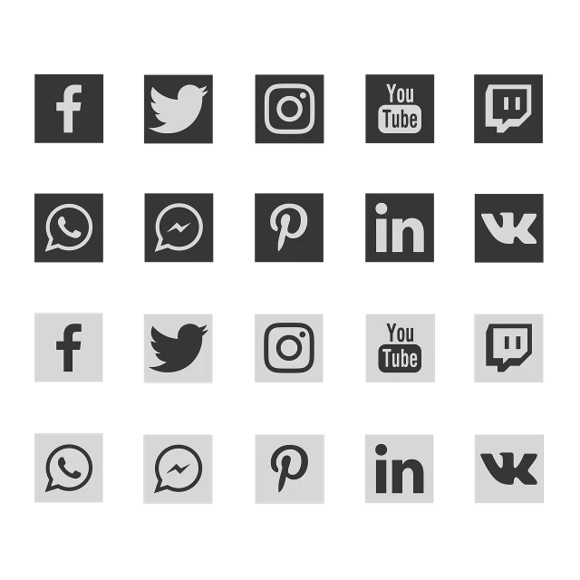 a set of social icons on a black background, trending on Artstation, grayscale pantone, uploaded, medium, video