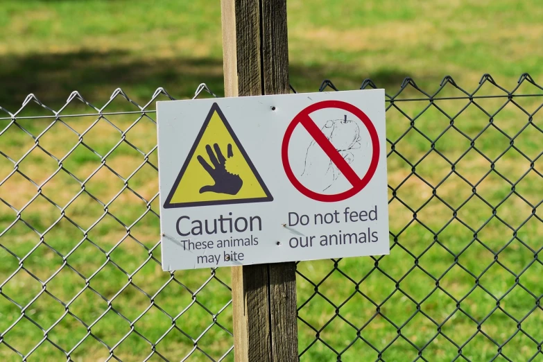 a close up of a sign on a fence, shutterstock, animals chasing, chains broken on hands, modern very sharp photo, at the park
