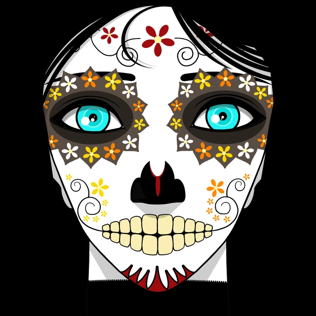 a drawing of a woman's face with blue eyes, vector art, digital art, celebrating day of the dead, full body close-up shot, on a flat color black background, isolated on white background