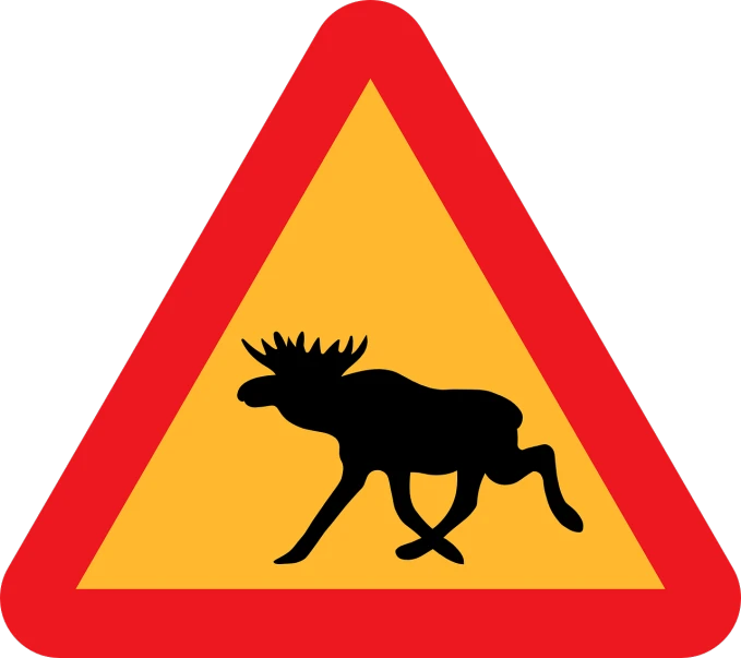 a moose crossing a road sign on a black background, a cartoon, by Jens Søndergaard, shutterstock, black and yellow and red scheme, very accurate photo, stock photo