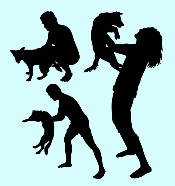 a man and a woman playing with a dog, an illustration of, by Rachel Reckitt, shutterstock, acrobatic pose, silhouette of a girl and her cat, heroic action pose, wikihow illustration