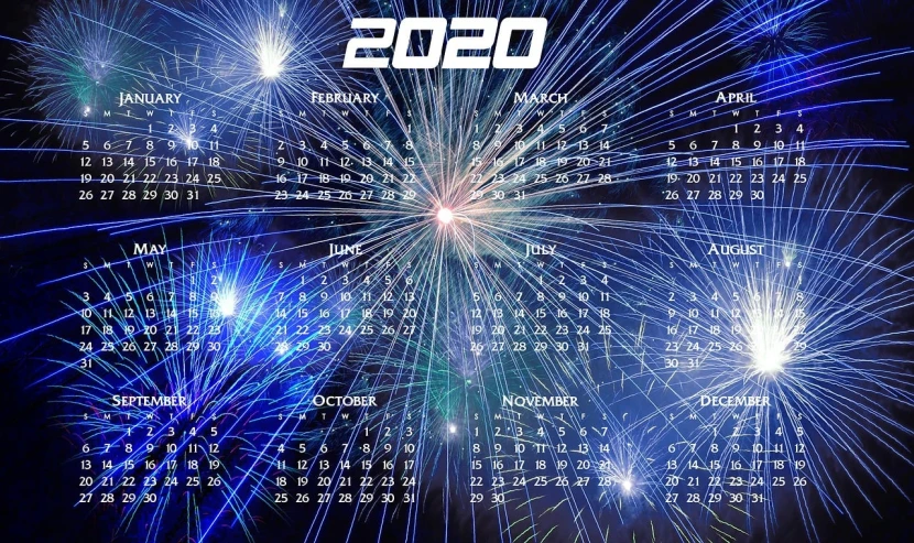 a close up of a calendar with fireworks in the background, trending on pixabay, 2 0 2 0 s promotional art, bright blue future, digital art - w 640, amazing graphics