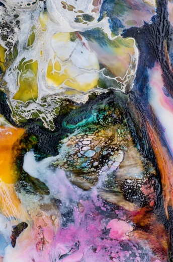 a close up of a painting of rocks and water, unsplash, lyrical abstraction, iridescent soapy bubbles, made of liquid metal and marble, color ink explosion, microscopic detail