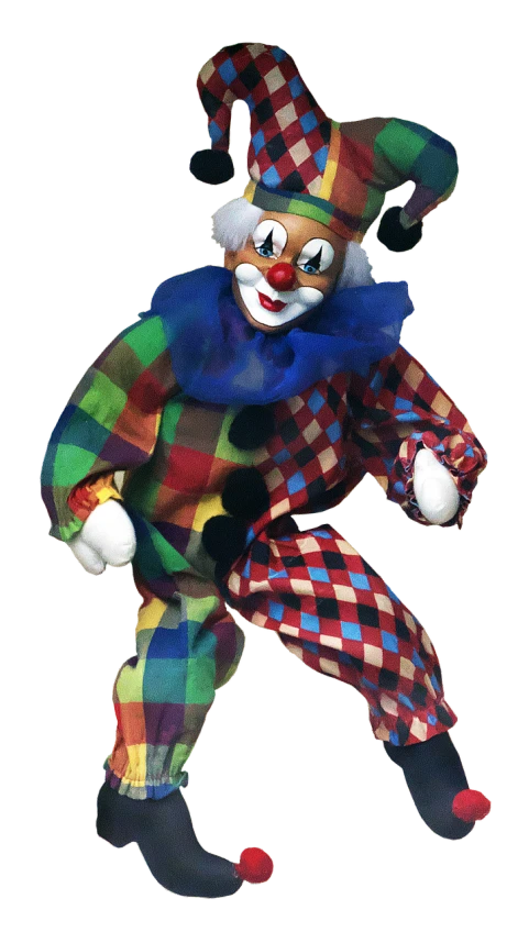 a close up of a clown doll on a black background, a digital rendering, flickr, op art, (tom cruise!!!!!) jester costume, transparent background, -h 1024, realistic cloth puppet