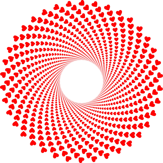 a spiral of red hearts on a black background, inspired by Benoit B. Mandelbrot, op art, all enclosed in a circle, turbines, no gradients, high res