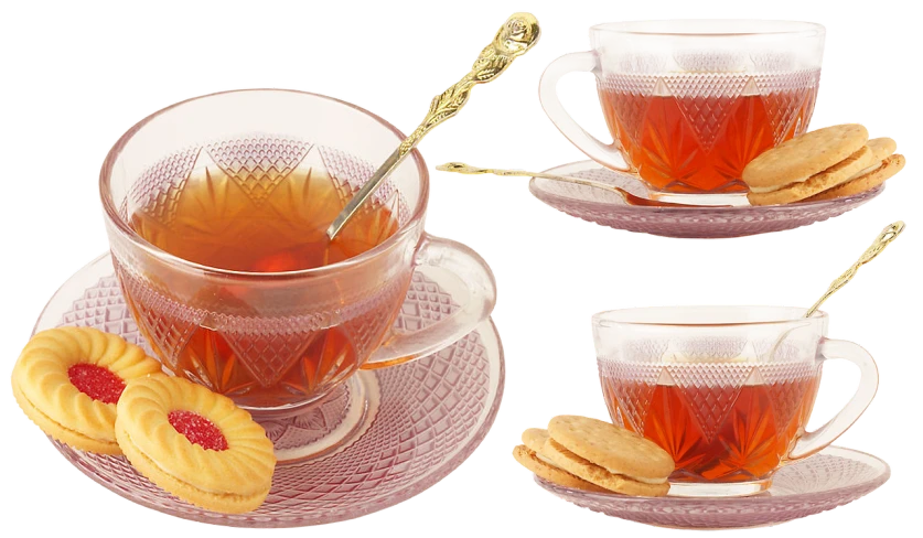 a cup of tea and some cookies on a saucer, a digital rendering, pixabay, dau-al-set, marmalade, raytraced 3d set design, jelly, diamond