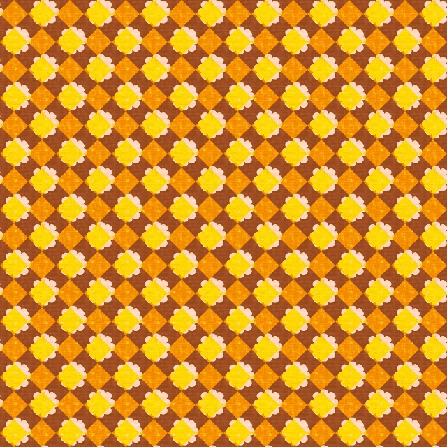 an orange and yellow pattern on a brown background, trending on pixabay, background full of lucky clovers, 8 0 s checkerboard 6 6 6, seamless pattern :: symmetry, full of yellow flowers flowers