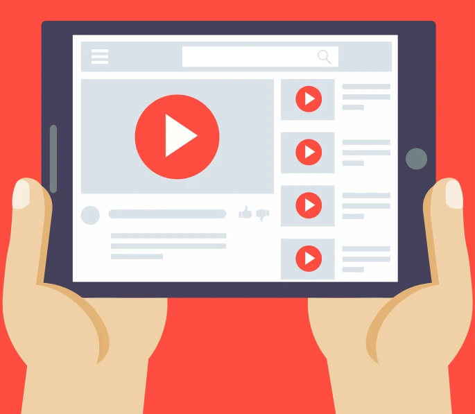 a person holding a tablet with a video on it, inspired by Emiliano Ponzi, shutterstock, red theme, vector illustration, youtube video, low resolution