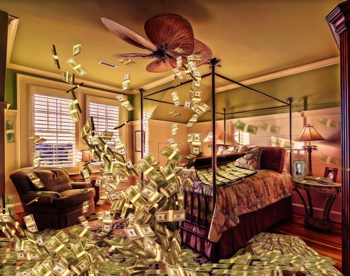 a bed room with a canopy bed and a ceiling fan, a digital rendering, inspired by Kurt Wenner, pixabay contest winner, maximalism, dollar bills body horror, tom chambers photography, kicking a florida mansion, money falling from the sky