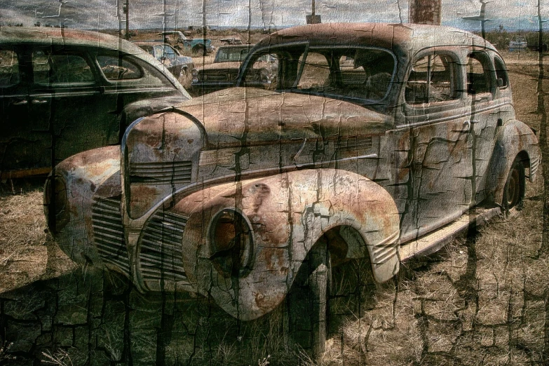 an old car that is sitting in the dirt, a colorized photo, inspired by James Gurney, auto-destructive art, cracked varnish, photorealism. trending on flickr, scrapyard, old wood