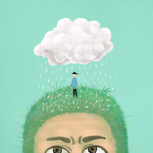 a painting of a man with a cloud above his head, conceptual art, cartoon style illustration, green rain, growth on head, editorial illustration