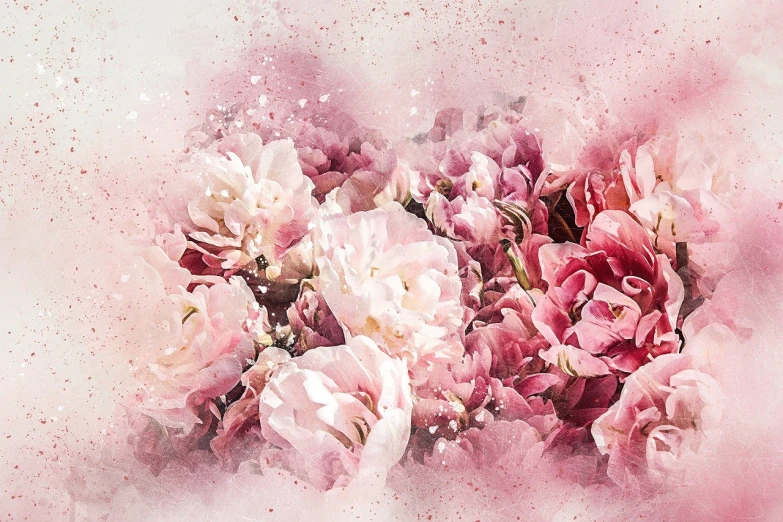 a bunch of pink flowers sitting on top of a table, a digital painting, inspired by Floris van Dyck, trending on pixabay, romanticism, abstract smokey roses, sparkling petals, background image, watercolor splash