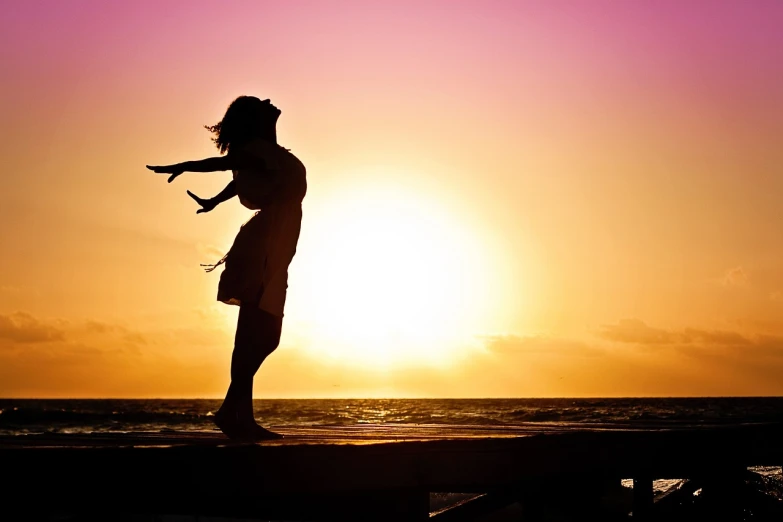 a silhouette of a person standing on a dock at sunset, a picture, happening, she expressing joy, istockphoto, girl on the beach, brimming with energy