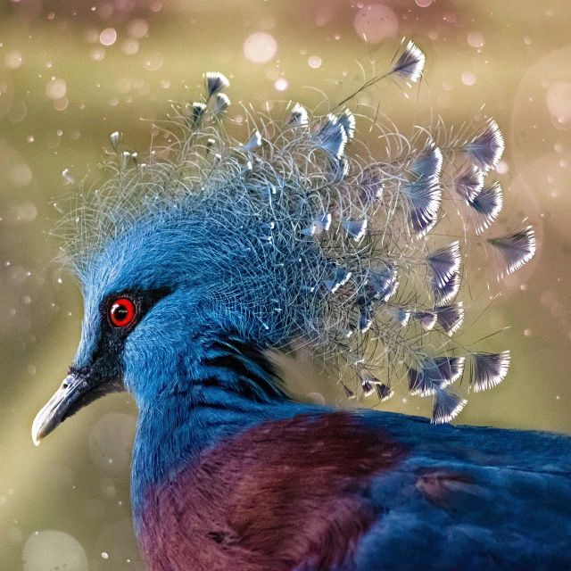 a close up of a bird with feathers on it's head, a portrait, by Jan Rustem, shutterstock contest winner, art photography, raining award winning photo, fancily decorated flamboyant, rays, pigeon