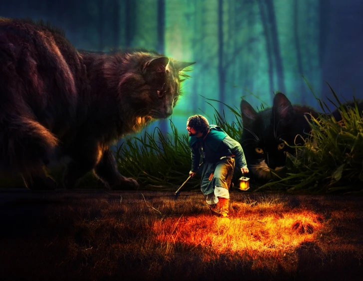 a man standing in front of a cat next to a fire, by Alexander Jansson, deviantart contest winner, runs away from men on the forest, pino daeni and dan mumford, kramskoi 4 k, werewolf”