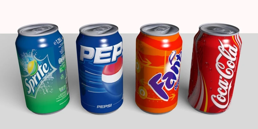a group of soda cans sitting next to each other, trending on polycount, hyperrealism, ray - traced lighting, 3d still designs, pepsi, photorealistic fan art
