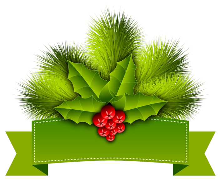 a green ribbon with holly leaves and red berries, a digital rendering, inspired by Ernest William Christmas, shutterstock, green fur, on a flat color black background, straw, vignette illustration