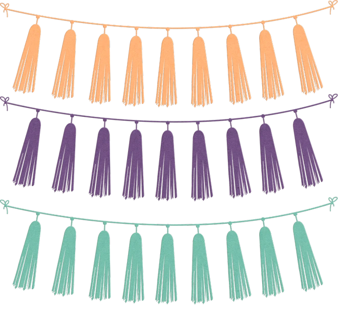 a bunch of tassels hanging from a string, a digital rendering, inspired by Shūbun Tenshō, shutterstock, sōsaku hanga, orange and turquoise ans purple, 3 - piece, beistle halloween decor, 3 meters