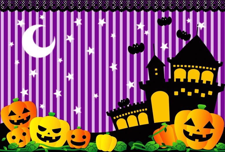 a halloween scene with a castle and pumpkins, by Kume Keiichiro, pixabay, sōsaku hanga, striped, material is!!! plum!!!, diner background, clematis theme banner