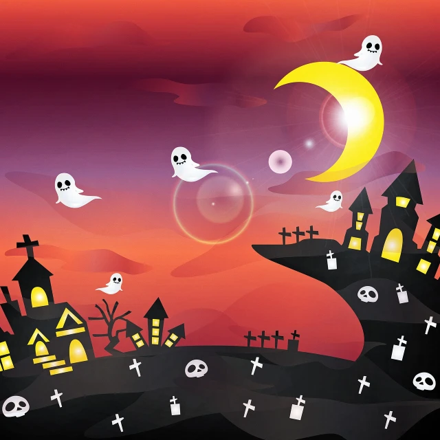 a halloween scene with a full moon in the sky, shutterstock, cute funny ghost, misty ghost town, cartoonish vector style, blurry and dreamy illustration