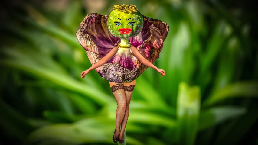 a close up of a doll wearing a costume, a surrealist sculpture, inspired by David LaChapelle, pixabay contest winner, pop surrealism, selena gomez made out of celery, margot robbie as a fairy, 7 0 mm. digital art, walking at the garden