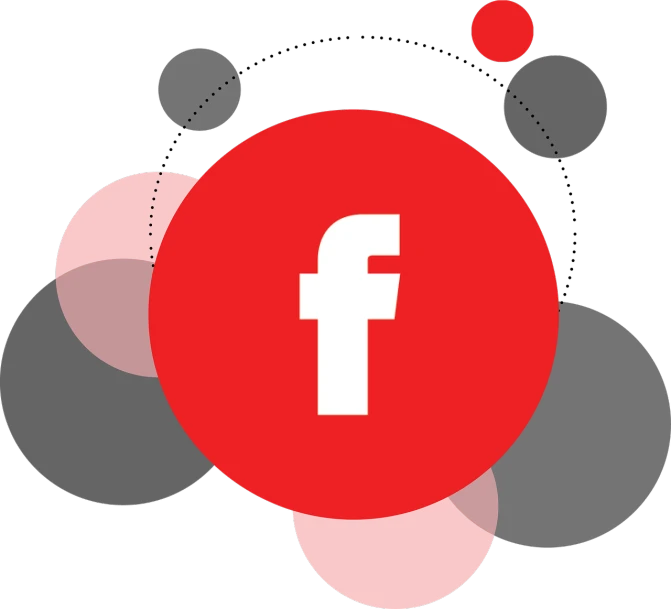 a red circle with a white facebook logo on it, flickr, digital art, [ bubbles, on a flat color black background, platforms, made of dots