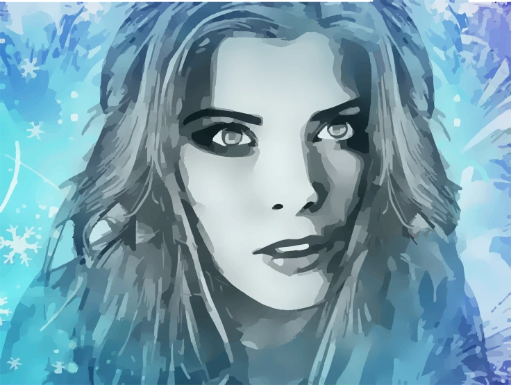 a painting of a woman with long hair, vector art, digital art, watery blue eyes, mixed media style illustration, deep blue water color, made in paint tool sai2