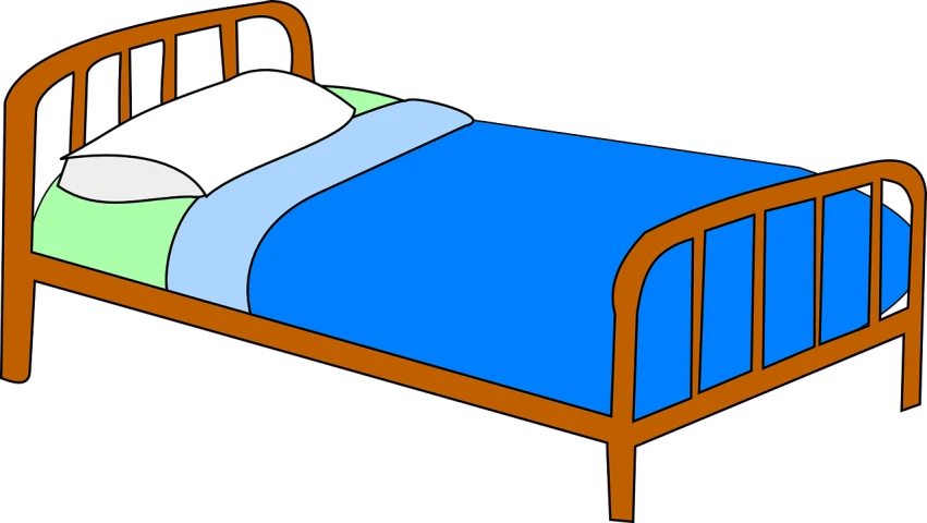 a bed with a blue blanket and a pillow, a sketch, pixabay, steel, [ colourful, full body image, small bed not made
