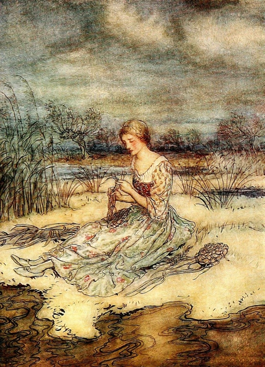 a painting of a woman sitting in the sand, an ultrafine detailed painting, by Arthur Rackham, flickr, pre-raphaelitism, stitching, near pond, cute woman, on a desolate plain