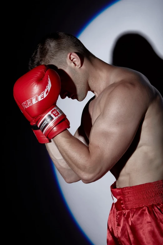 a shirtless man wearing red boxing gloves, a stock photo, inspired by Svetlin Velinov, shot from the side, commercial product photography, hasbulla magomedov, an angel with boxing gloves