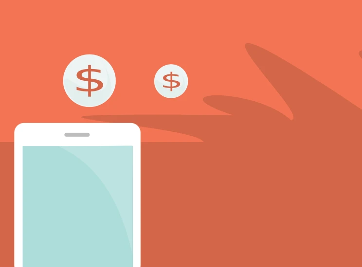 a cell phone with dollar signs coming out of it, a digital rendering, simple 2d flat design, orange backgorund, cash on a sidetable, reaching