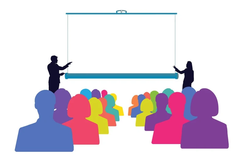 a man giving a presentation to a group of people, an illustration of, shutterstock, academic art, cinegraphic, on white background, cmyk, in a classroom
