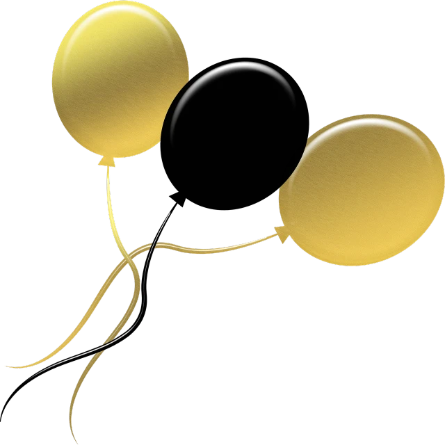 a group of three yellow and black balloons, by Melissa A. Benson, pixabay, conceptual art, gold black, stick, birthday, dark. no text