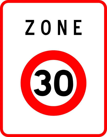 a red and white sign that says zone 30, by Zoran Mušič, light speed, card, british, limit