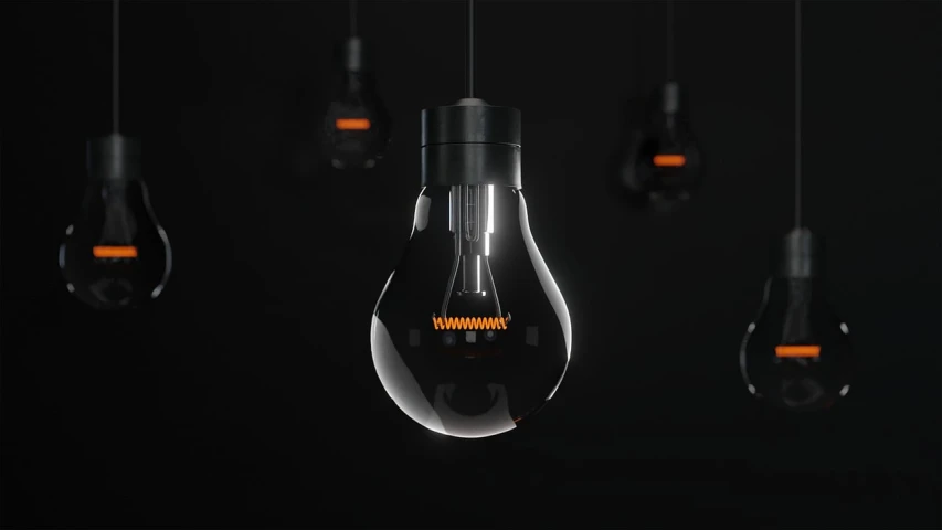 a group of light bulbs hanging from a ceiling, digital art, by Alexander Mann, behance, black fluid simulation, orange lamp, c 4 d ”, abduzeedo