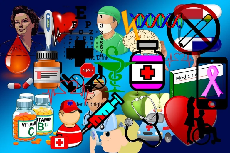 a variety of medical related items on a blue background, vector art, by David Burton-Richardson, trending on pixabay, digital art, red cross, digital art. colorful comic, harry volk clip art style, stock photo