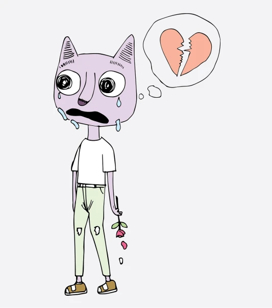 a drawing of a cat with a broken heart, a cartoon, inspired by Michael Deforge, fursona wearing stylish clothes, mixed media style illustration, clipart, looks sad and solemn